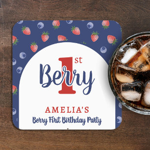 Berry 1. Geburtstag Party Strawberry Blueberry Blu Rechteckiger Pappuntersetzer