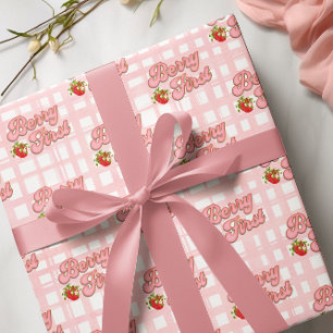 Berry 1. Geburtstag Pink White Stripes Strawberry Geschenkpapier