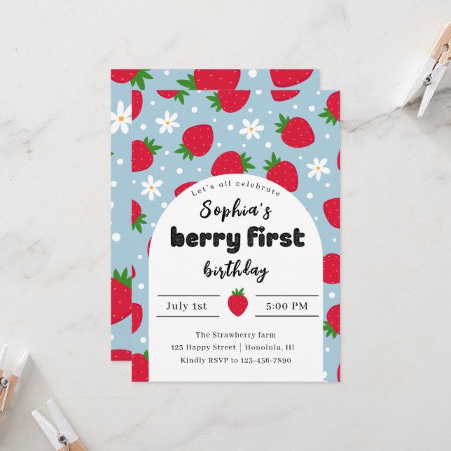 Berry 1. Geburtstagsfeier Einladung (Vorderseite/Rückseite Beispiel)