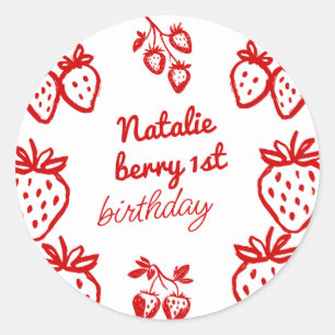 Berry 1. Hand Drawn Strawberry Girl Fun Geburtstag Runder Aufkleber