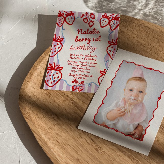 Berry 1. Handgezeichnete Erdbeere Foto Geburtstag Einladung (Von Creator hochgeladen)