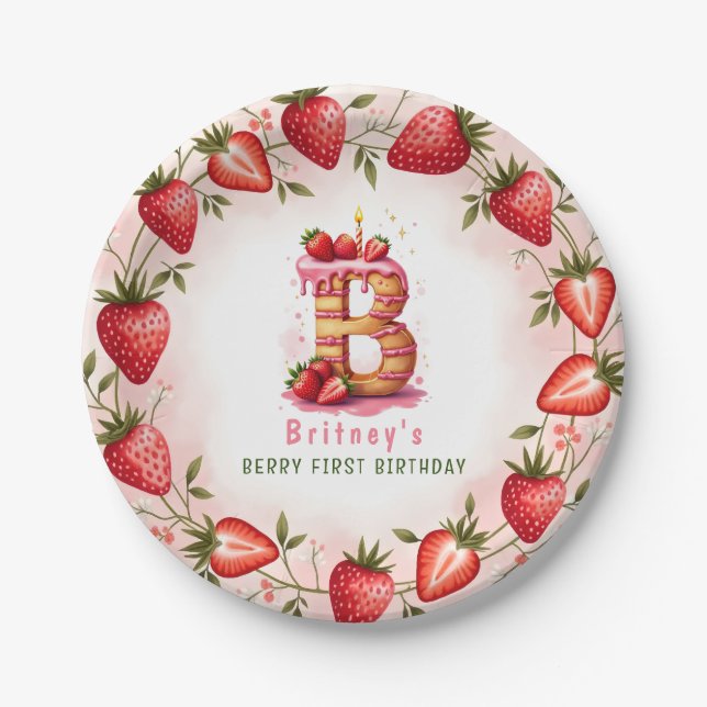 Berry 1st Birthday Plate Letter B Cake Design Pappteller (Vorderseite)