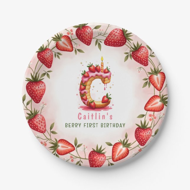 Berry 1st Birthday Plate Letter C Cake Design Pappteller (Vorderseite)