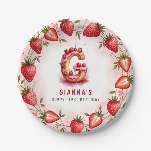 Berry 1st Birthday Plate Letter G Cake Design Pappteller (Vorderseite)