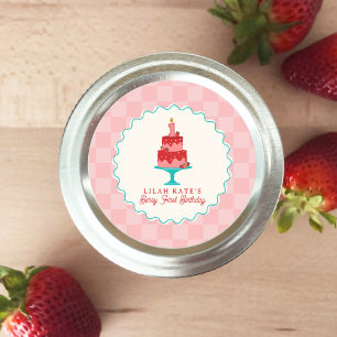 Berry 1st Birthday Strawberry Cake Checkerboard Runder Aufkleber