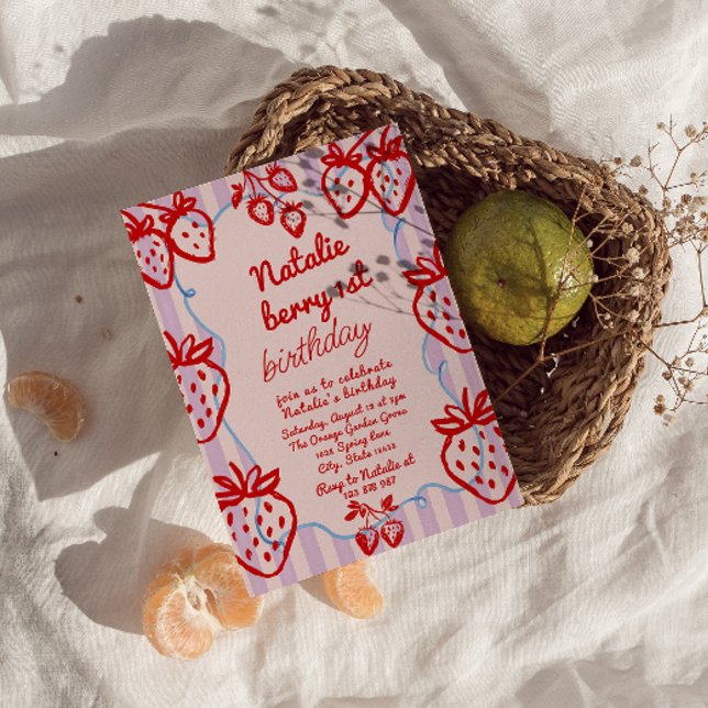 Berry 1st DIY Hand Drawn Strawberry Girl Geburtsta Einladung (Von Creator hochgeladen)