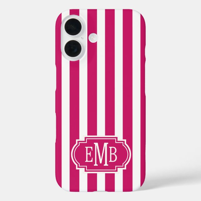 Berry and White Monogrammed Stripes Case-Mate iPhone Hülle (Rückseite)