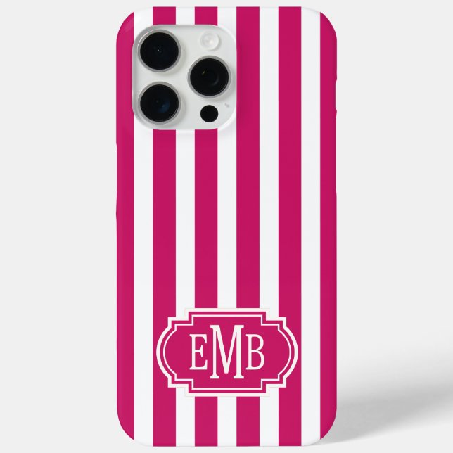 Berry and White Monogrammed Stripes Case-Mate iPhone Hülle (Rückseite)