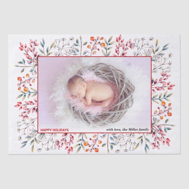 Berry, Blatt Rot Happy Holidays Weihnachts-Foto Seidenpapier (Vorderseite)