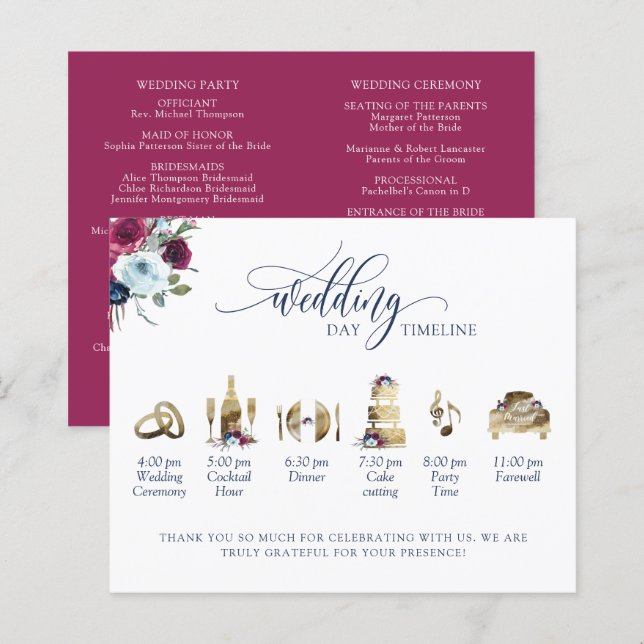 Berry Blue Burgundy Wedding Timeline und Programm (Vorne/Hinten)