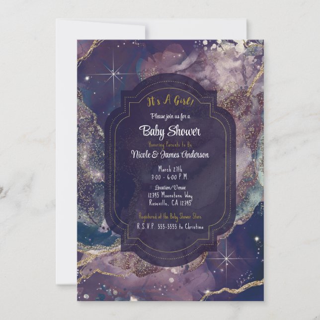 Berry Blue Watercolor Gold Celestial Baby Shower Einladung (Vorderseite)