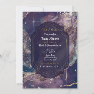 Berry Blue Watercolor Gold Celestial Baby Shower Einladung