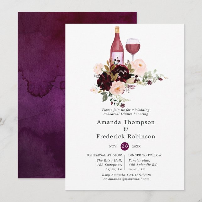 Berry & Blush Floral Weinprobe-Probedinner Einladung (Vorne/Hinten)