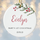 Berry Branch Baby's First Christmas Foto Keramik Ornament<br><div class="desc">Das erste Weihnachtsgeschmuck des Babys mit dem rustikalen Rotbeerzweig in Aquarellfarbe mit personalisiertem Namen,  Jahr und Foto.</div>
