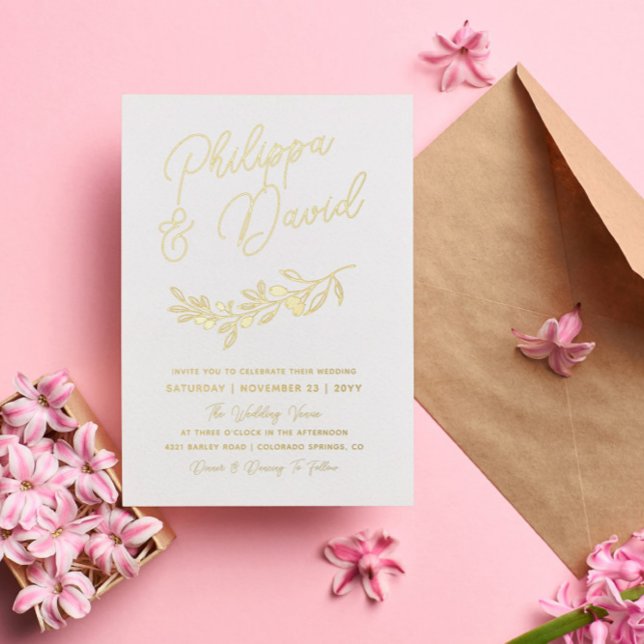 Berry Branch ernennt in Gold Foil Script Wedding Folieneinladung (Von Creator hochgeladen)