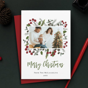 Berry Branches Frame Family Foto Moderne Weihnacht Feiertagskarte