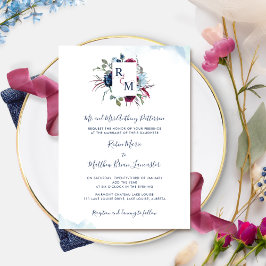 Berry, Burgund und Blue Floral Monogram Wedding Einladung