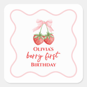 Berry erste Erdbeer-Geburtstag mit rosa Schleife Quadratischer Aufkleber