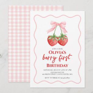 Berry Erste Erdbeere Rosa Schleife 1. Geburtstag Einladung