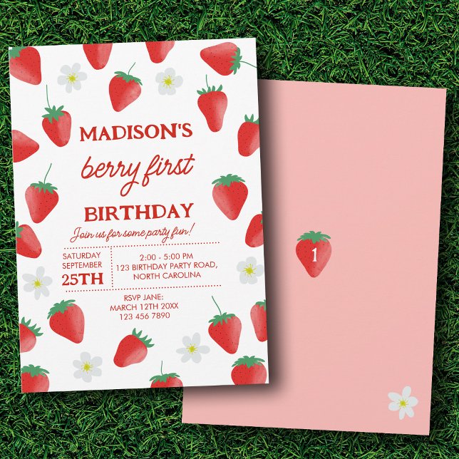 Berry Erster 1. Geburtstag Erdbeere verwandeln Einladung (Berry First 1st Birthday Strawberry Turning One Invitation)