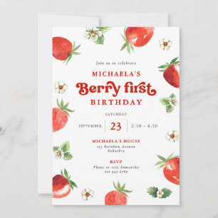 Berry Erster Geburtstag Aquarell Erdbeeren Einladung