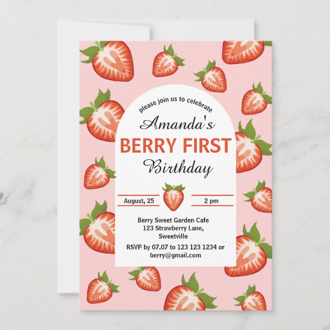 Berry erster Geburtstag Berry Girl pink Strawberry Einladung (Vorderseite)