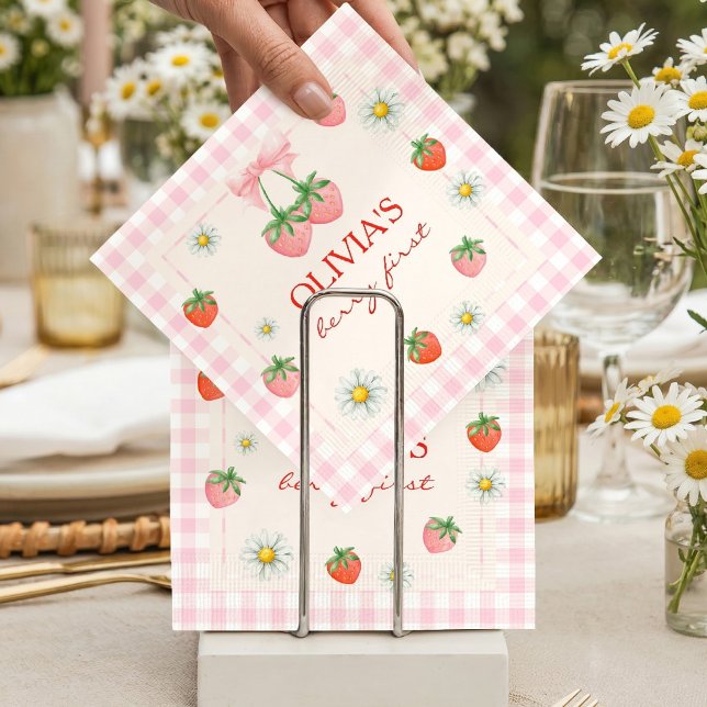 Berry Erster Geburtstag Erdbeere und Rosa Gingham Serviette (Berry 1st Birthday Strawberry Napkins)