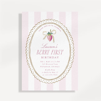 Berry Erster Geburtstag Erdbeerschleife Rosa Strei Einladung