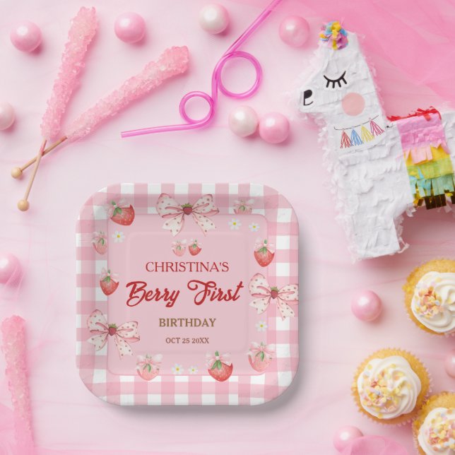Berry erster Geburtstag rosa Erdbeere Gingham Pappteller (Party)