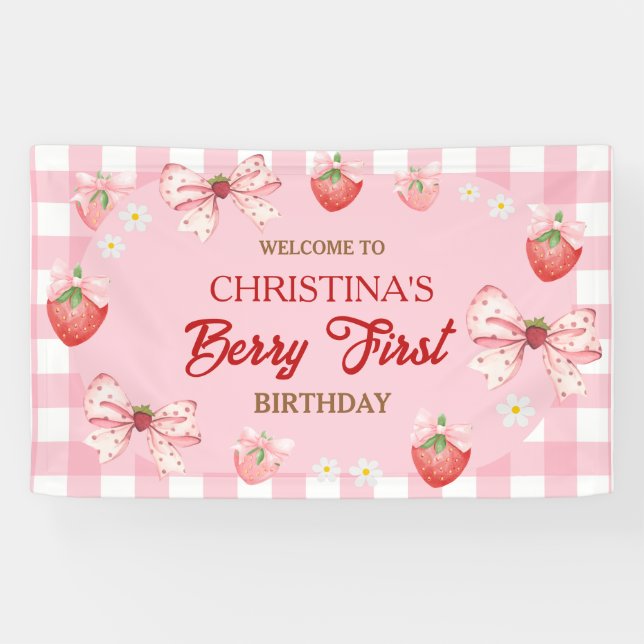 Berry erster Geburtstag rosa Gingham Erdbeermädche Banner (Horizontal)