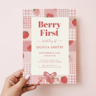 Berry Erster Geburtstag Rosa Schleife Coquette Erd Einladung