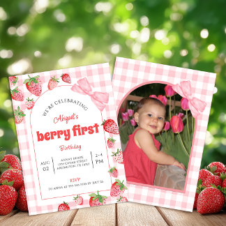 Berry Erster Geburtstag Rosa Schleife Gingham Foto Einladung