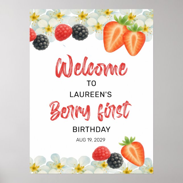 Berry Erster Geburtstag Willkommensschild Poster (Vorne)