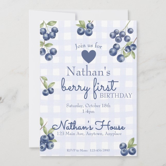 Berry First 1. Geburtstag Blaubeer Gingham Einladung (Vorderseite)