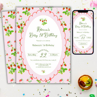 Berry First 1. Geburtstag Erdbeere und Rosa Einladung
