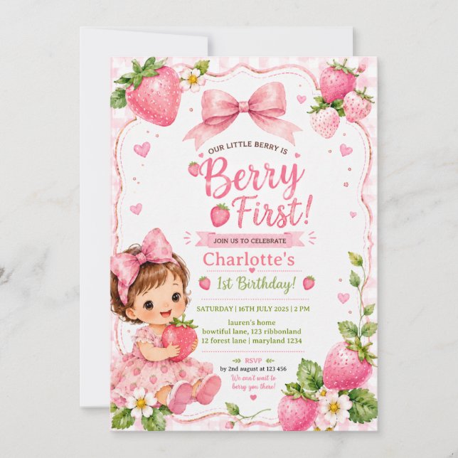 Berry First 1. Geburtstag Erdbeermädchen Einladung (Vorderseite)