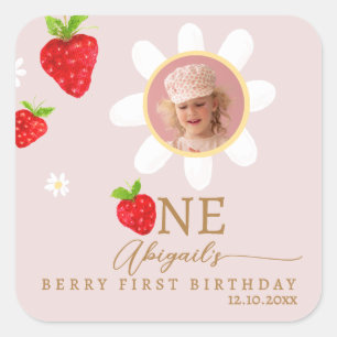 Berry First 1. Strawberry Birthday Foto Quadratischer Aufkleber
