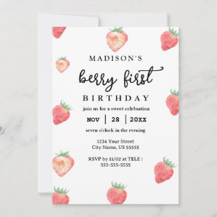 Berry First Birthday 1. Geburtstag Pink Strawberry Einladung