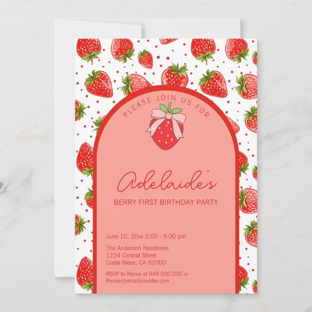 Berry First Birthday 1. Geburtstag Strawberry Part Einladung (Vorderseite)
