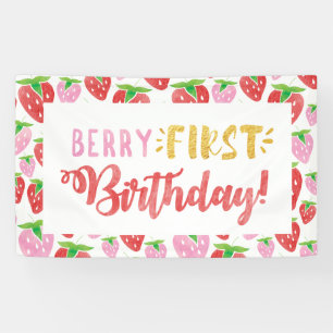 Berry First Birthday Banner Red Pink Strawberry