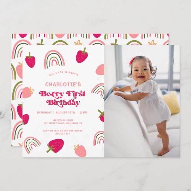 Berry First Birthday Boho Rainbow Foto Einladung (Vorne/Hinten)