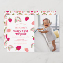 Berry First Birthday Boho Rainbow Foto Einladung