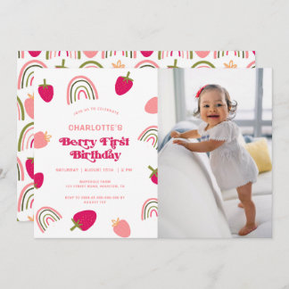 Berry First Birthday Boho Rainbow Foto Einladung