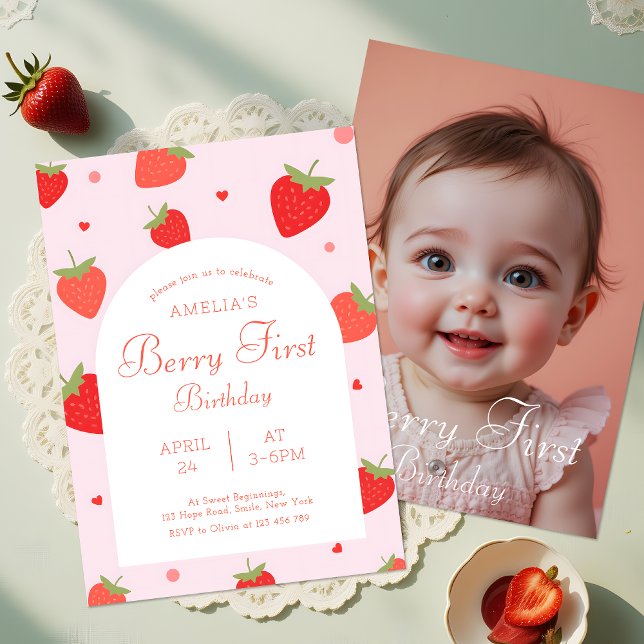 Berry First Birthday Double Side Print Foto Einladung (Von Creator hochgeladen)