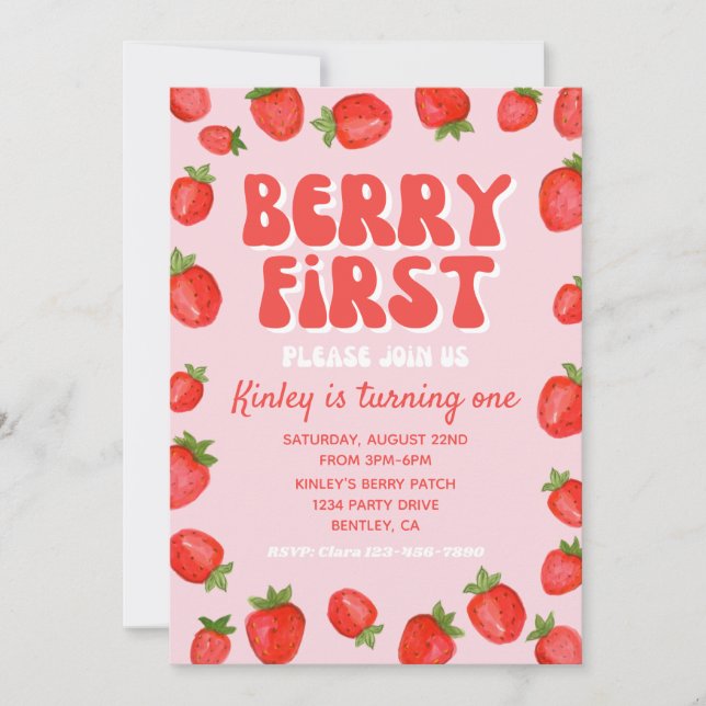 Berry First Birthday Einladung | Erdbeere (Vorderseite)