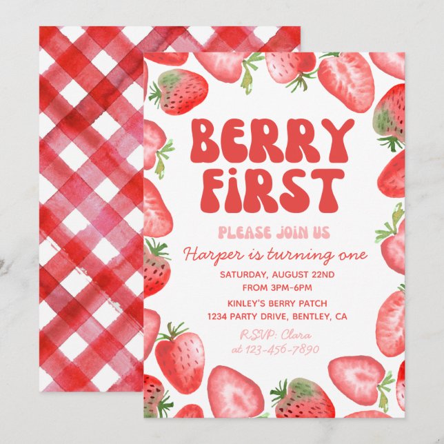 Berry First Birthday Einladung | Retro Strawberry (Vorne/Hinten)