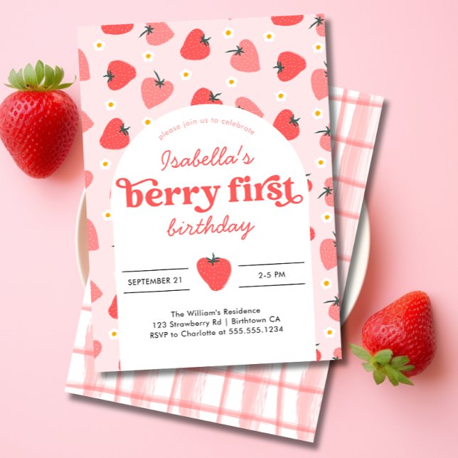 Berry First Birthday Einladung Strawberry (berry first pink girl 1st birthday invitation)
