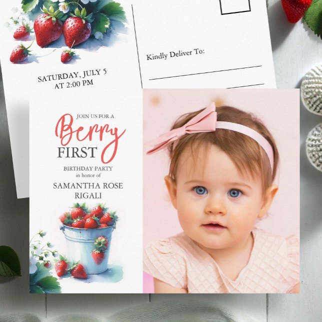 Berry First Birthday Einladungen (Berry first birthday invitations watercolor pint of strawberries with photo)
