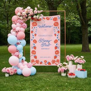 Berry First Birthday Floral Strawberry Willkommen Banner