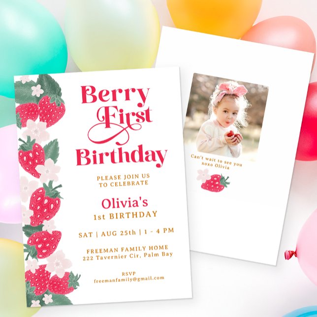 Berry First Birthday Girl Strawberry Party Einladung (Berry First Birthday Party Invitation)